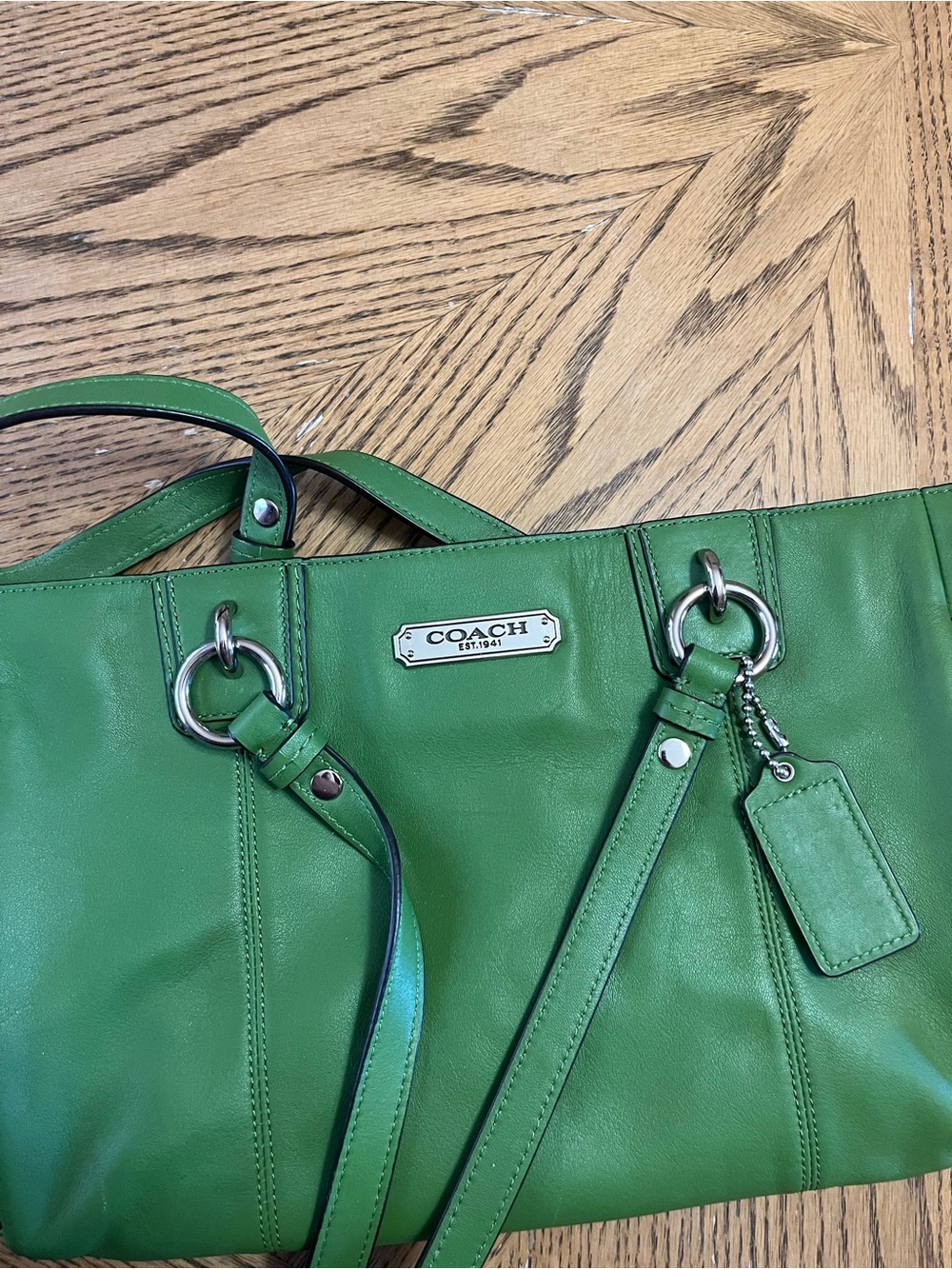 Coach Green Leather Shoulder Tote with Silver Hardware